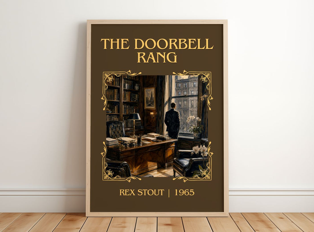The Doorbell Rang Classic Book Art Print by Rex Stout – framed print leaning on a wooden floor