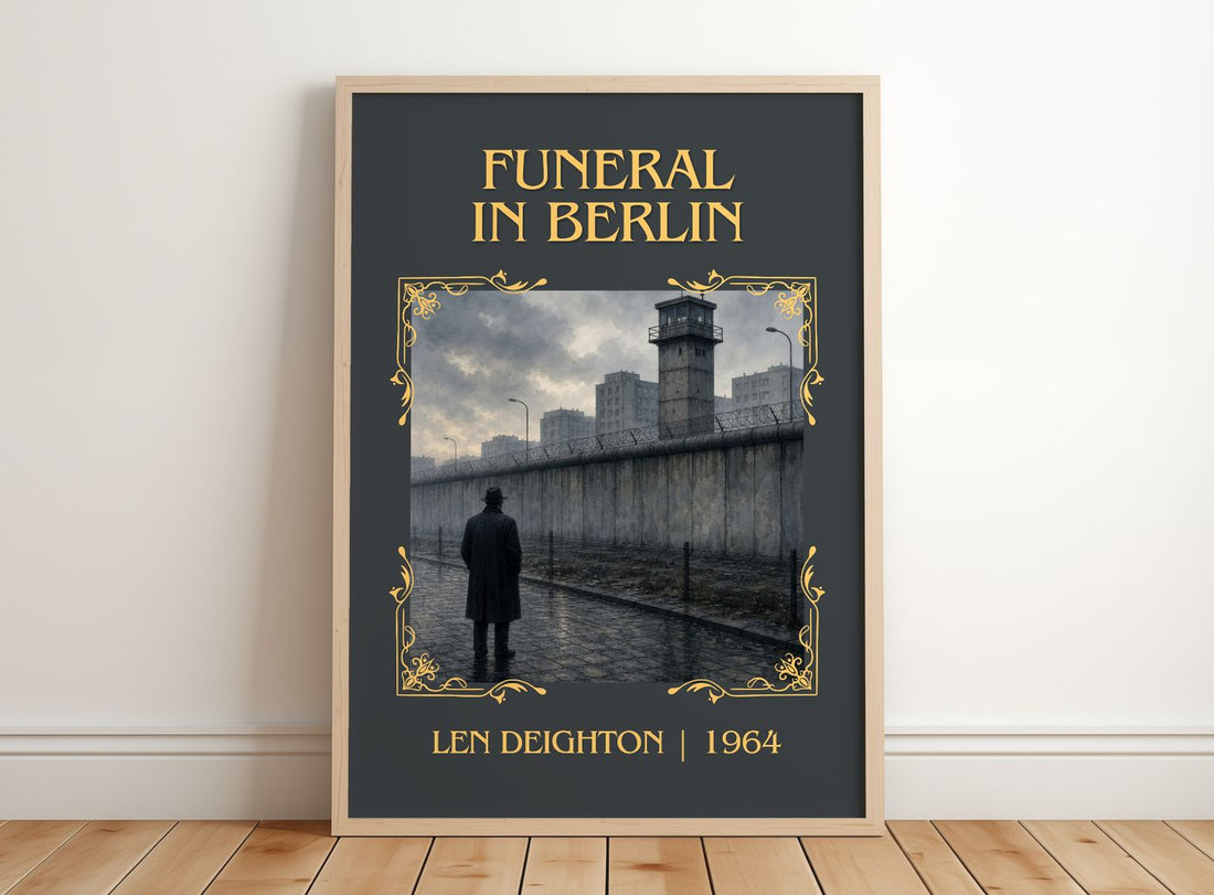 Funeral in Berlin Classic Book Art Print by Len Deighton – framed print leaning on a wooden floor