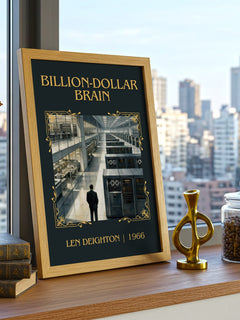 Billion-Dollar Brain Classic Book Art Print by Len Deighton – framed print on a city-view windowsill