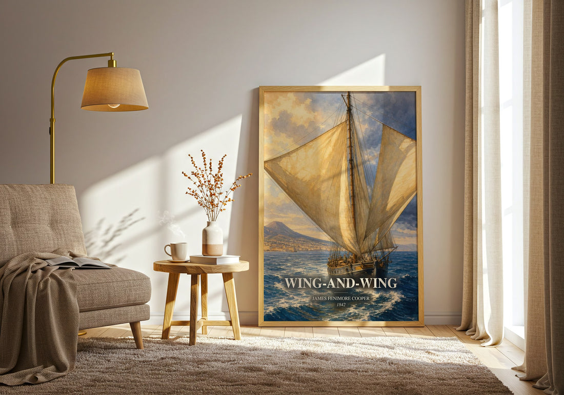 Wing-And-Wing watercolour print in frame leaning in hallway – historical fiction wall art (mockup)