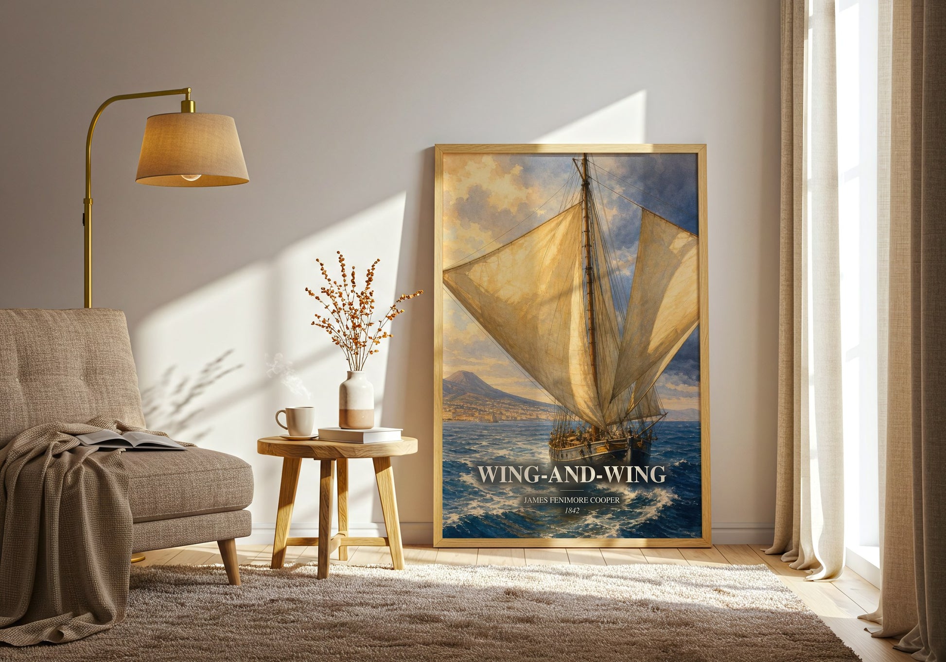 Wing-And-Wing watercolour print in frame leaning in hallway – historical fiction wall art