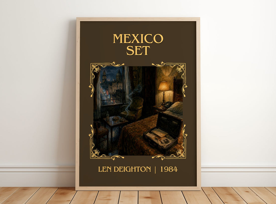 Mexico Set Classic Book Art Print by Len Deighton – framed print leaning on a wooden floor