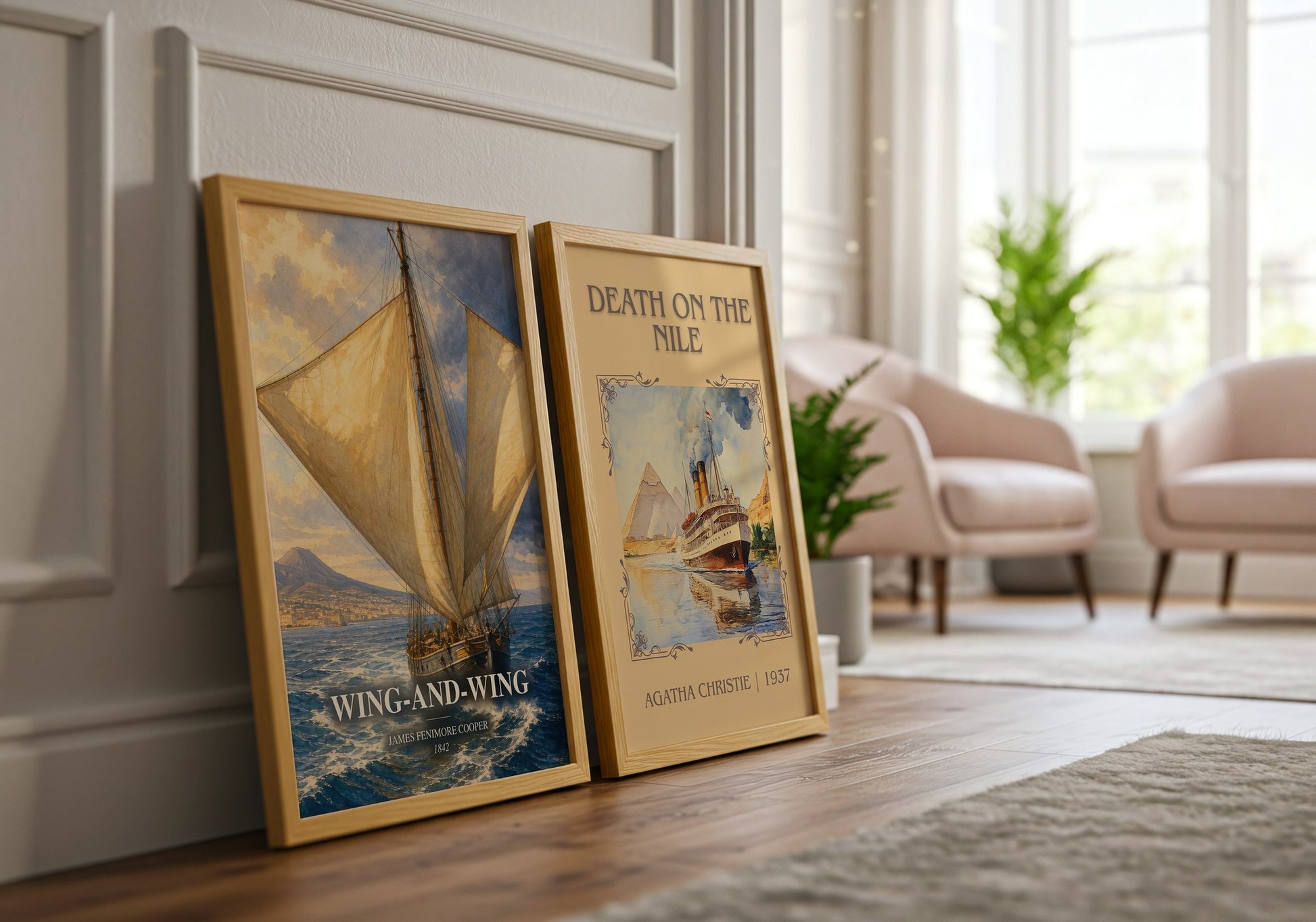 Wing-And-Wing watercolour print framed by window – literary home decor
