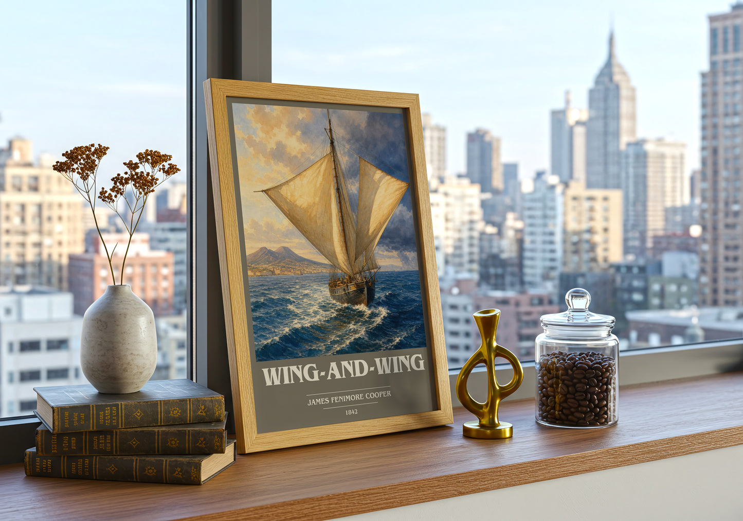 Wing-And-Wing book cover print framed by window – literary home decor