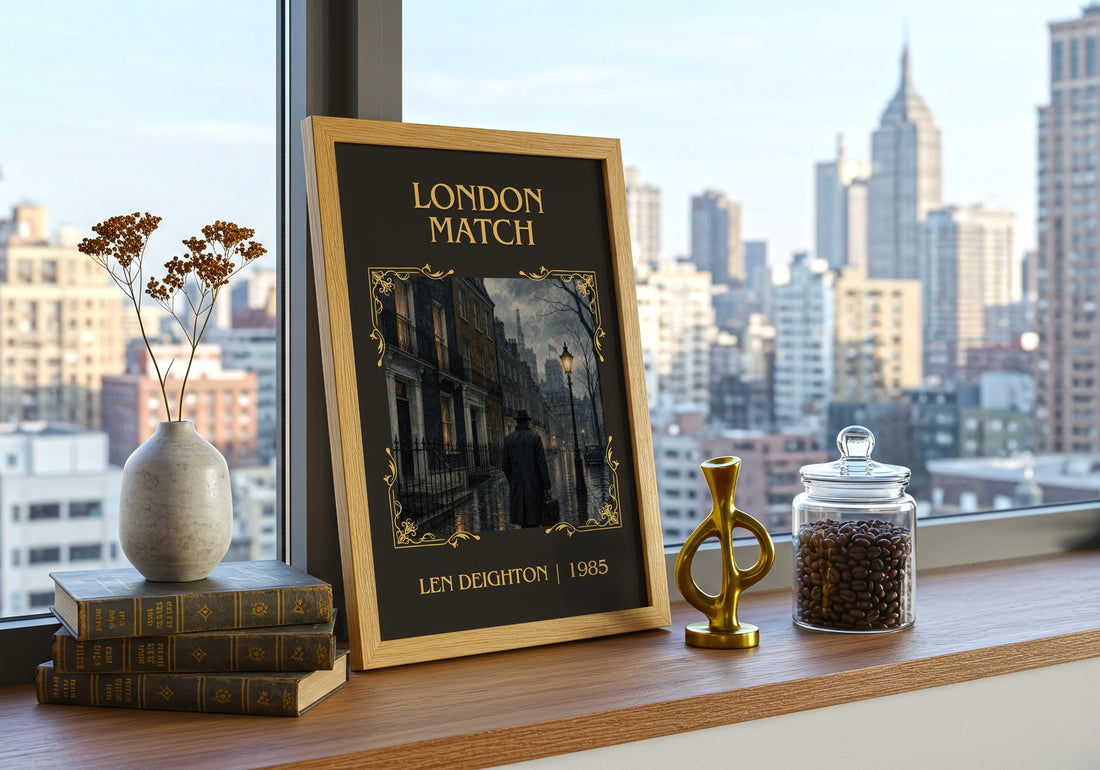 London Match Classic Book Art Print by Len Deighton – framed print on a city-view windowsill