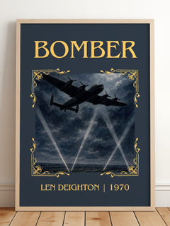 Bomber Classic Book Art Print by Len Deighton – framed print leaning on a wooden floor