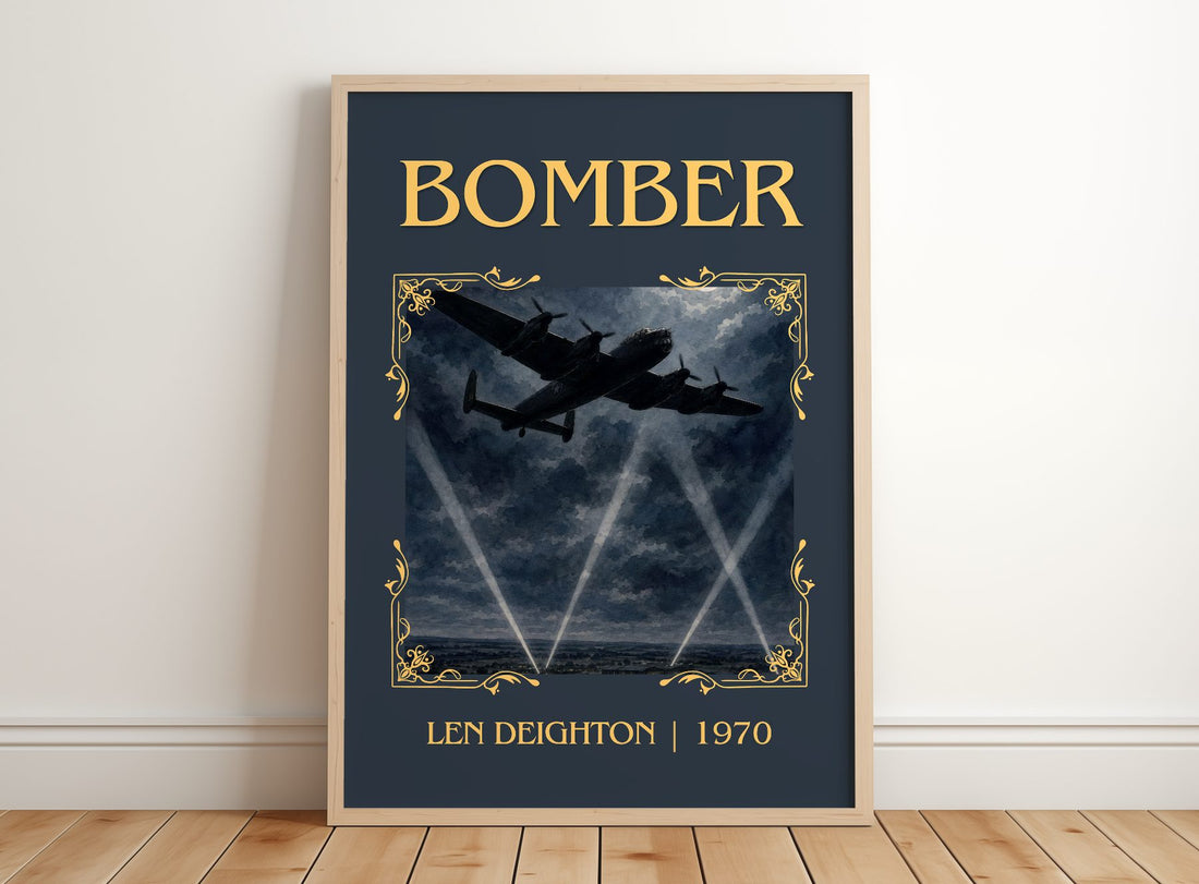 Bomber Classic Book Art Print by Len Deighton – framed print leaning on a wooden floor