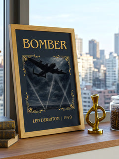 Bomber Classic Book Art Print by Len Deighton – framed print on a city-view windowsill