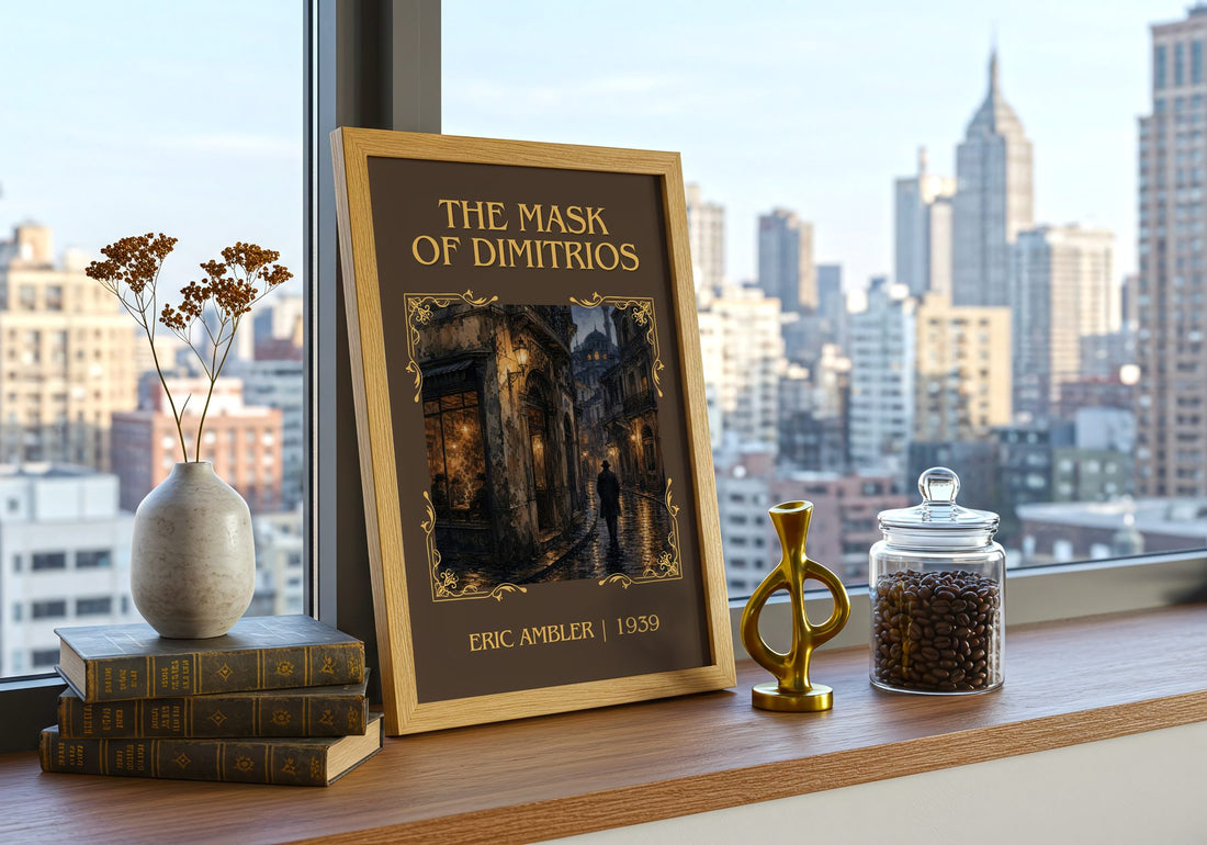 The Mask of Dimitrios Classic Book Art Print by Eric Ambler – framed print on a city-view windowsill