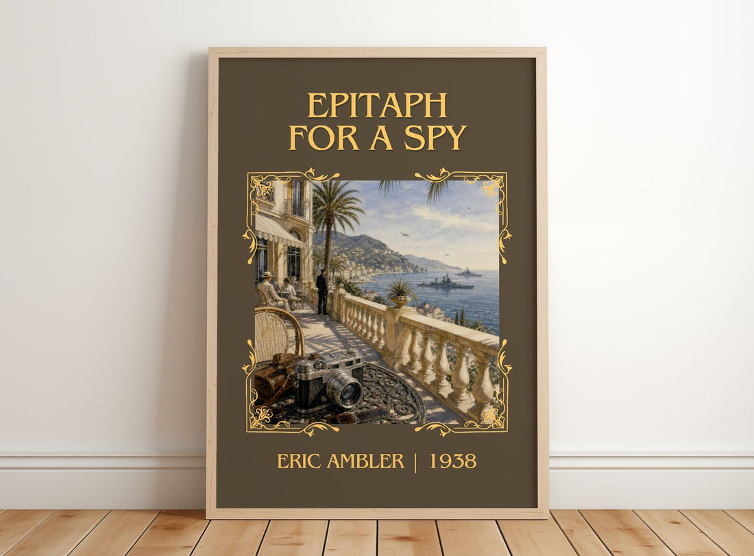 Epitaph for a Spy Classic Book Art Print by Eric Ambler – framed print leaning on a wooden floor