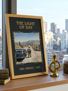 The Light of Day Classic Book Art Print by Eric Ambler – framed print on a city-view windowsill