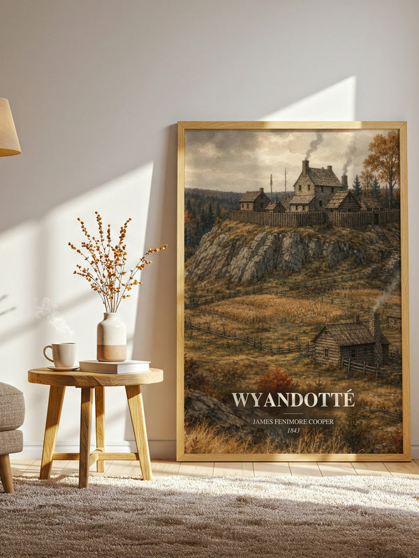 Wyandotté watercolour print in frame leaning in hallway – historical fiction wall art