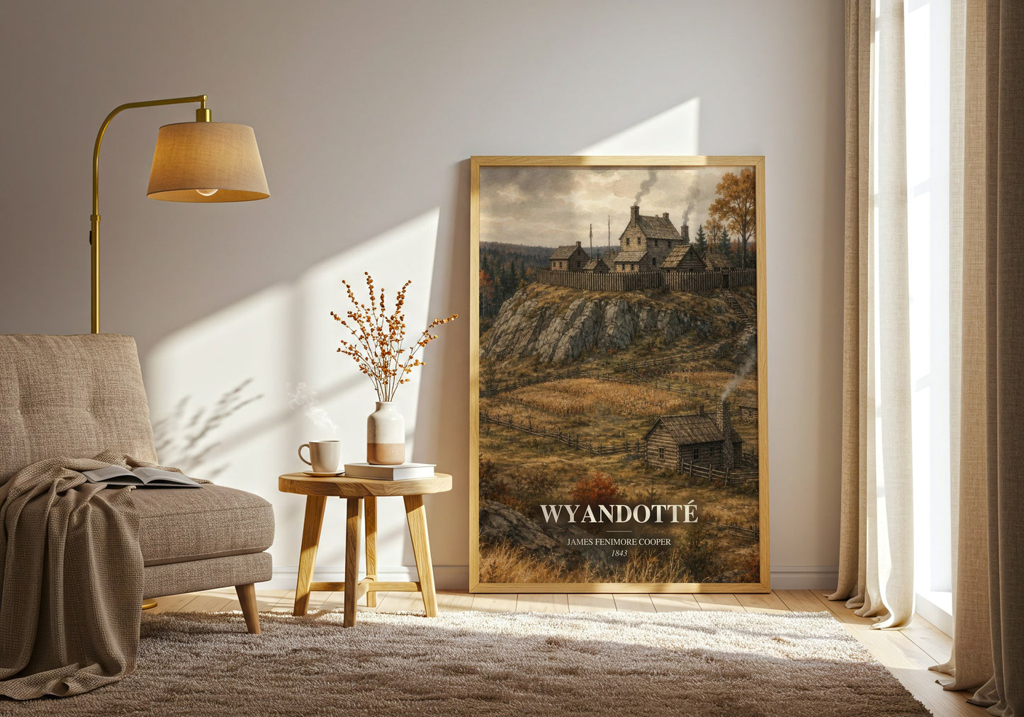 Wyandotté watercolour print in frame leaning in hallway – historical fiction wall art