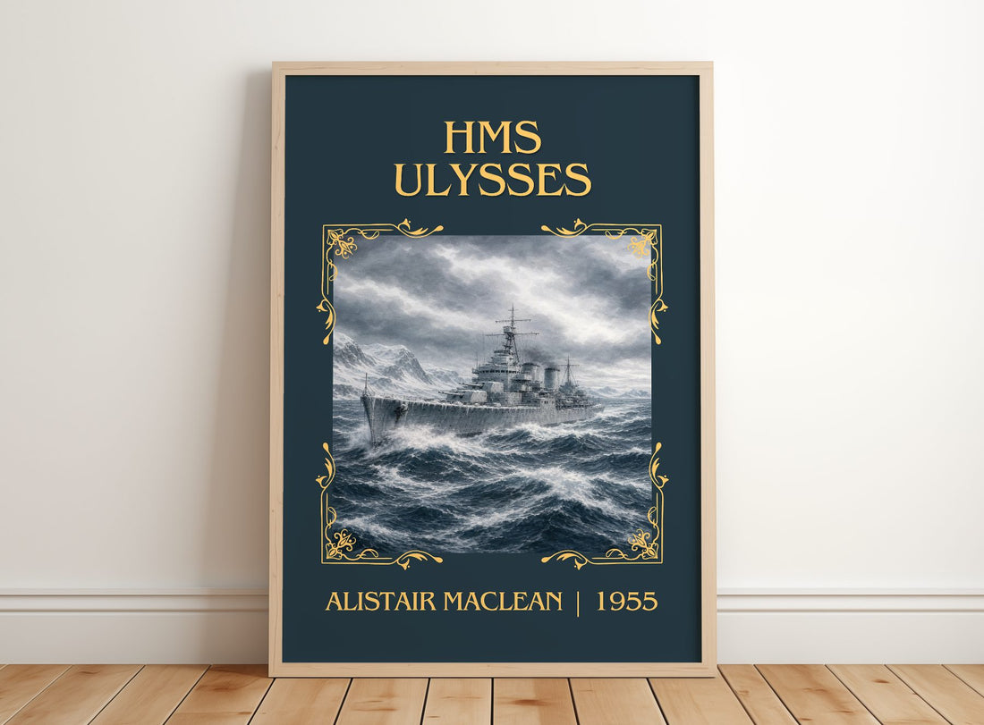 HMS Ulysses Classic Book Art Print by Alistair MacLean – framed print leaning on a wooden floor