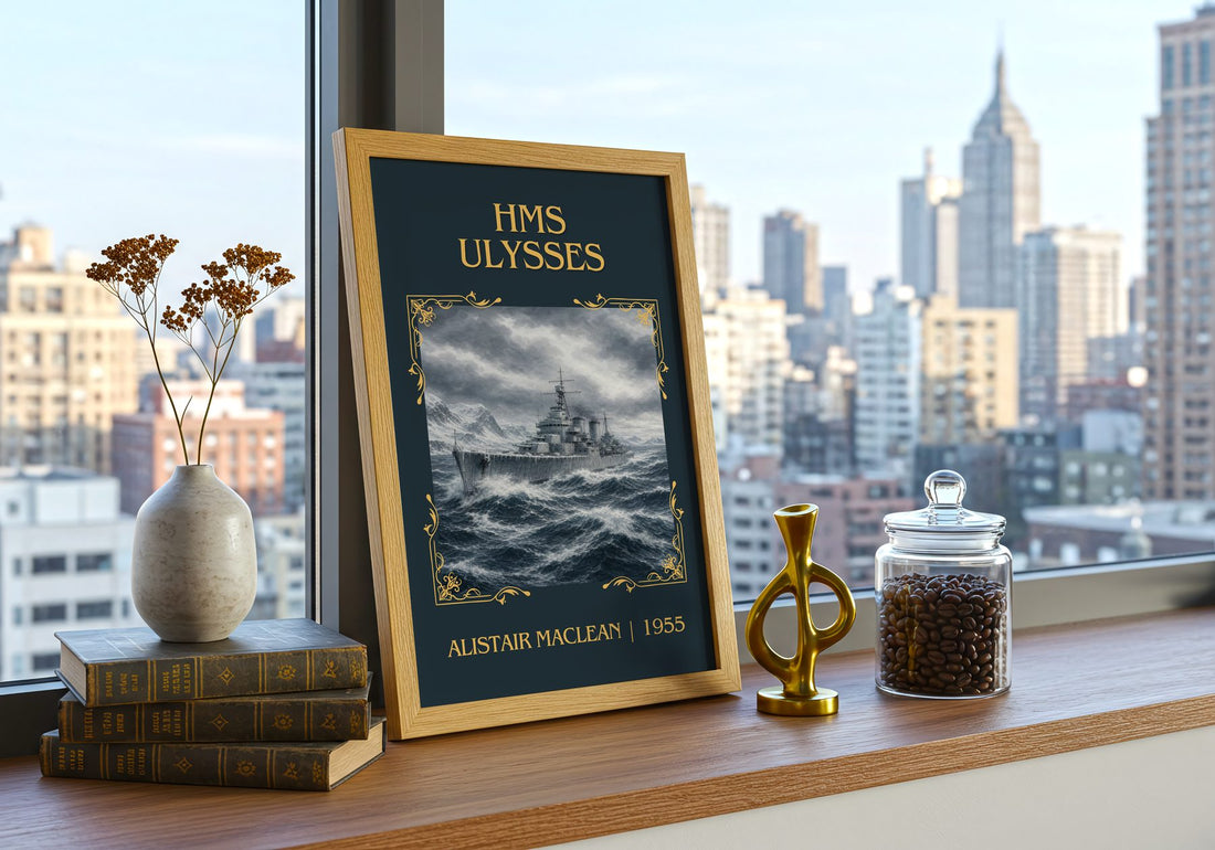 HMS Ulysses Classic Book Art Print by Alistair MacLean – framed print on a city-view windowsill