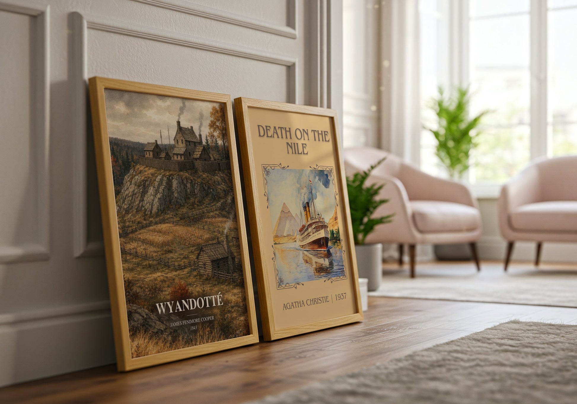 Wyandotté watercolour print framed by window – literary home decor