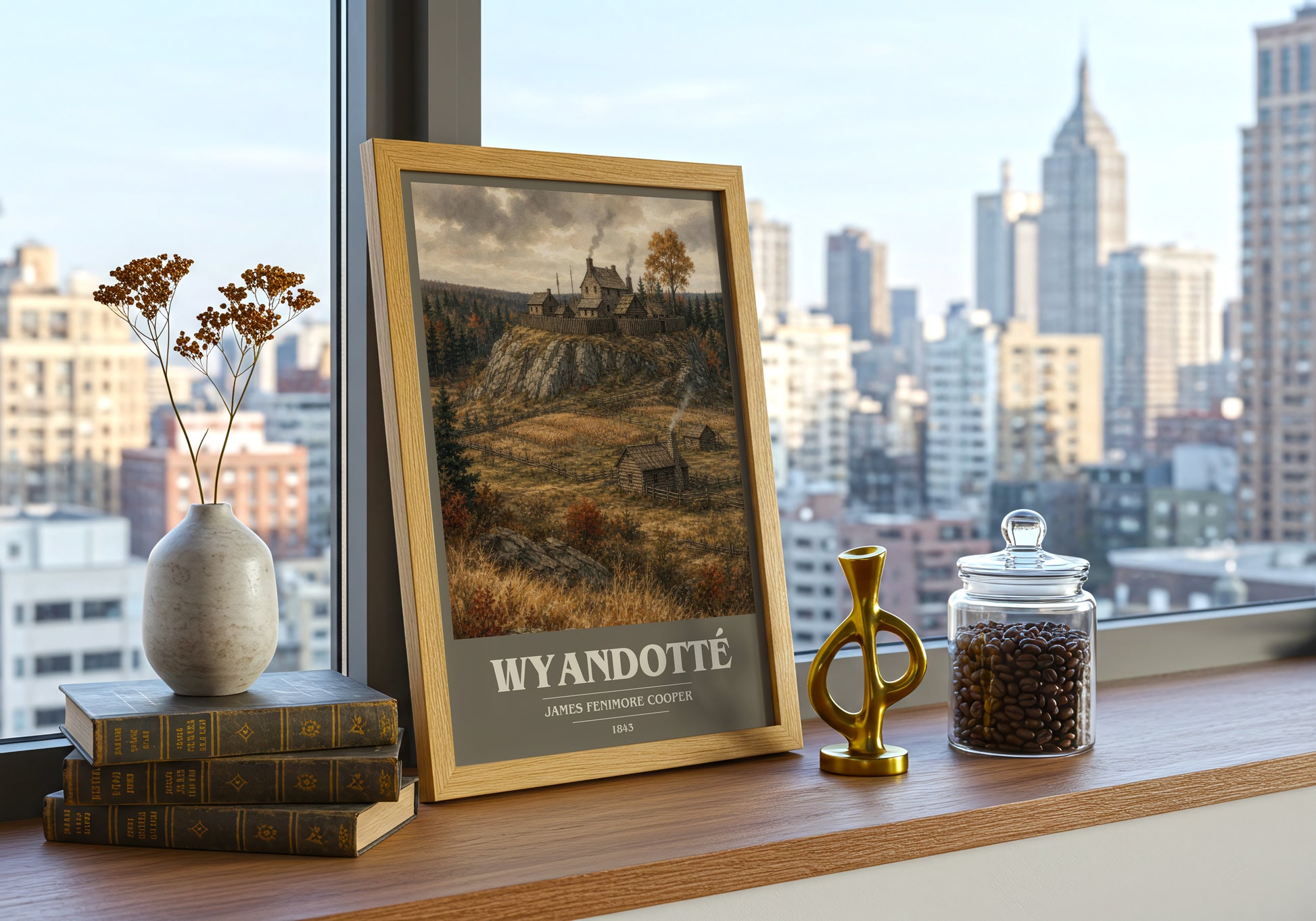 Wyandotté book cover print framed by window – literary home decor