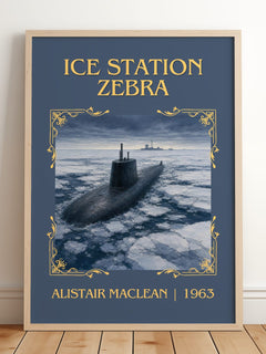Ice Station Zebra Classic Book Art Print by Alistair MacLean – framed print leaning on a wooden floor