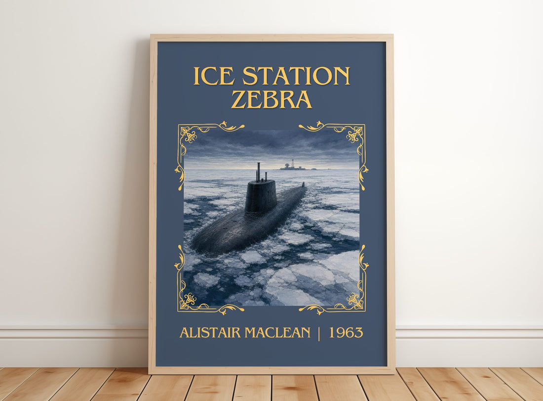 Ice Station Zebra Classic Book Art Print by Alistair MacLean – framed print leaning on a wooden floor