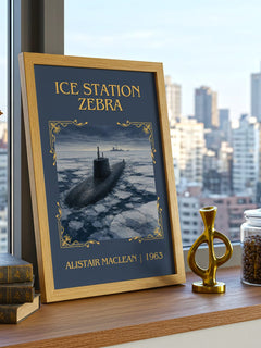Ice Station Zebra Classic Book Art Print by Alistair MacLean – framed print on a city-view windowsill