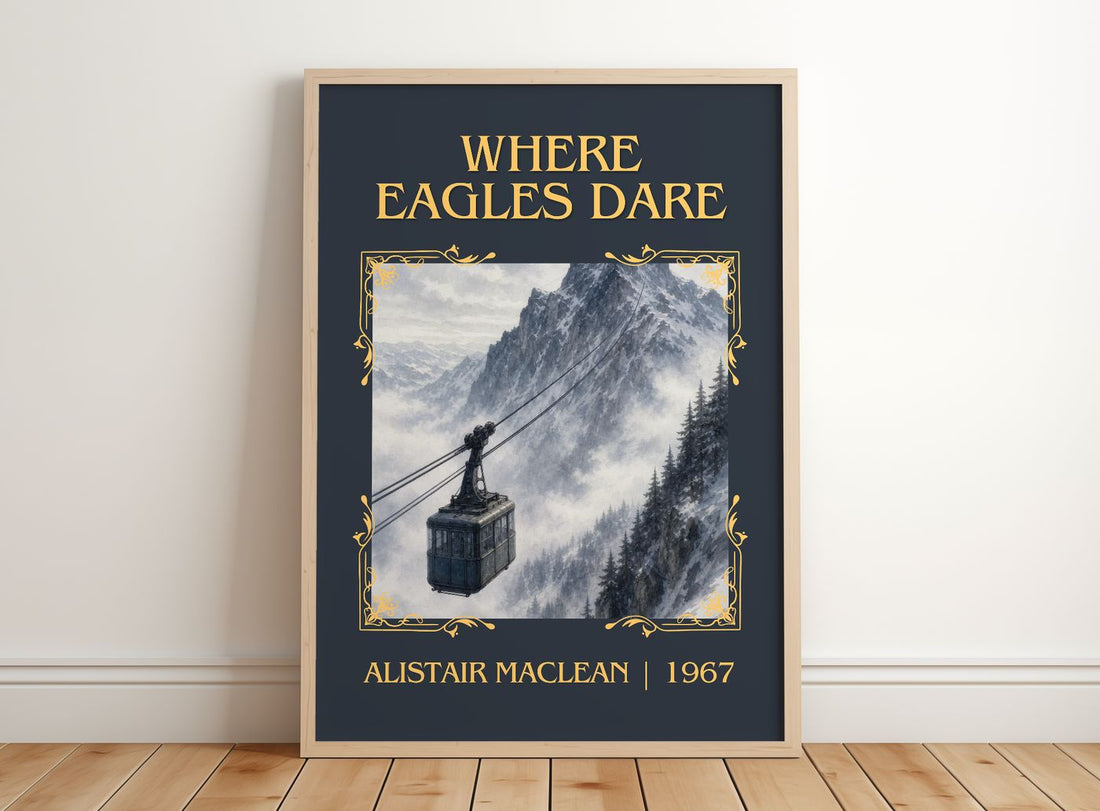 Where Eagles Dare Classic Book Art Print by Alistair MacLean – framed print leaning on a wooden floor