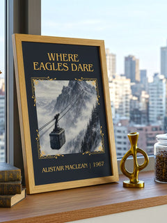 Where Eagles Dare Classic Book Art Print by Alistair MacLean – framed print on a city-view windowsill