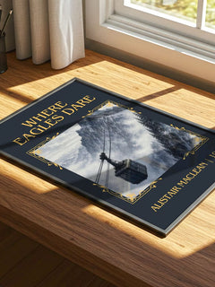 Where Eagles Dare Classic Book Art Print by Alistair MacLean – print on a sunlit desk