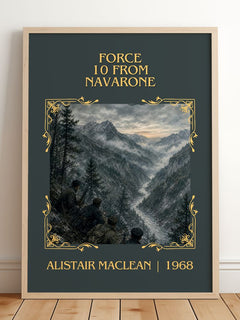 Force 10 from Navarone Classic Book Art Print by Alistair MacLean – framed print leaning on a wooden floor