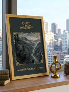 Force 10 from Navarone Classic Book Art Print by Alistair MacLean – framed print on a city-view windowsill