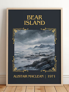 Bear Island Classic Book Art Print by Alistair MacLean – framed print leaning on a wooden floor