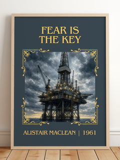 Fear Is the Key Classic Book Art Print by Alistair MacLean – framed print leaning on a wooden floor