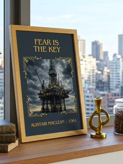 Fear Is the Key Classic Book Art Print by Alistair MacLean – framed print on a city-view windowsill
