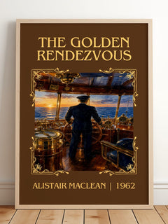 The Golden Rendezvous Classic Book Art Print by Alistair MacLean – framed print leaning on a wooden floor