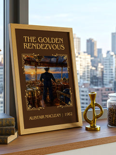 The Golden Rendezvous Classic Book Art Print by Alistair MacLean – framed print on a city-view windowsill