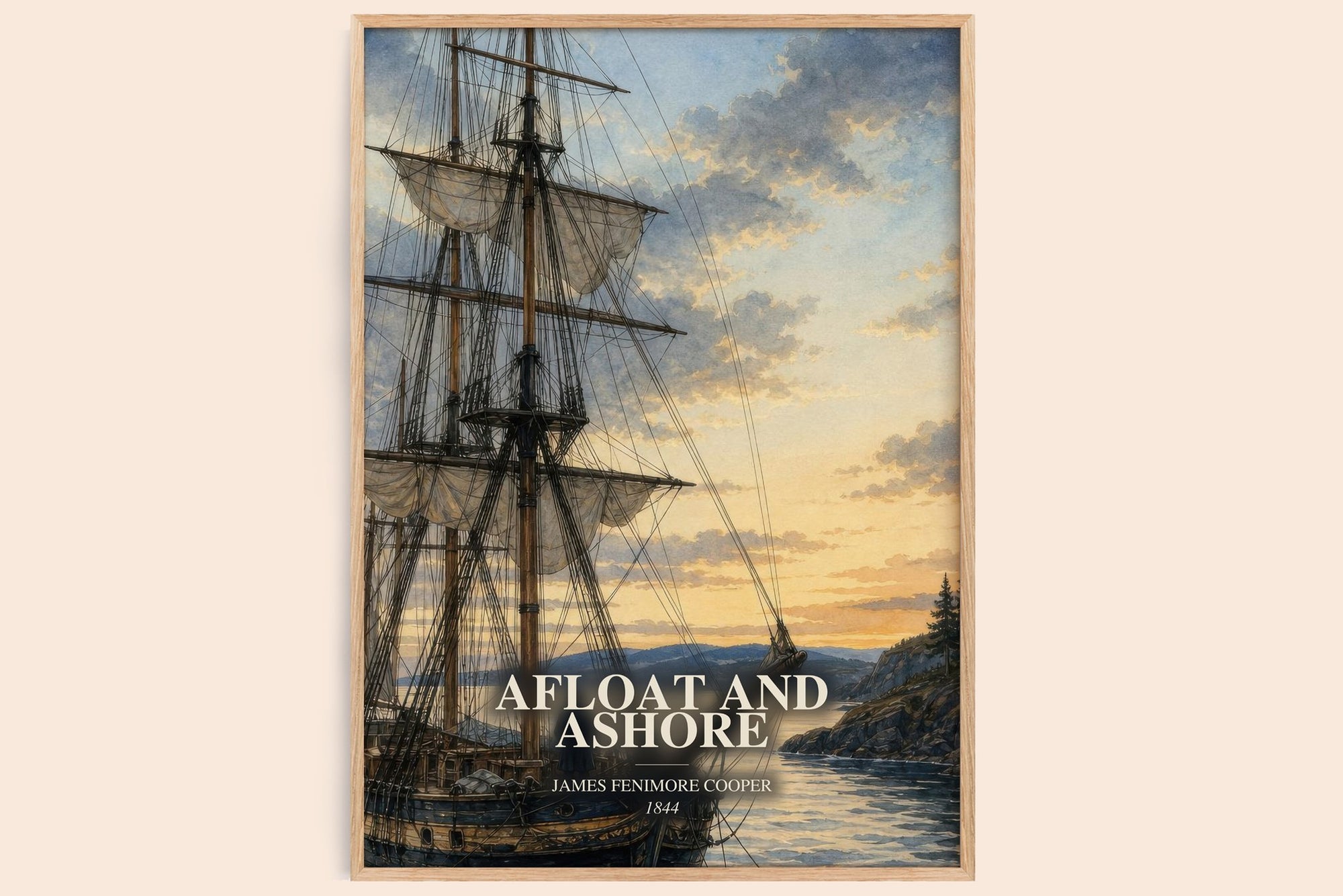 Afloat And Ashore watercolour book poster by James Fenimore Cooper – framed literary art print