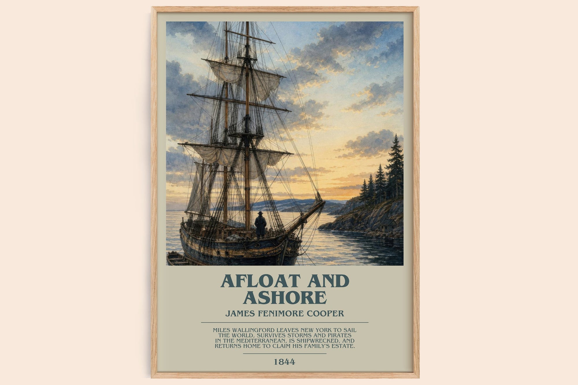 Afloat And Ashore bookish book poster by James Fenimore Cooper – framed literary art print