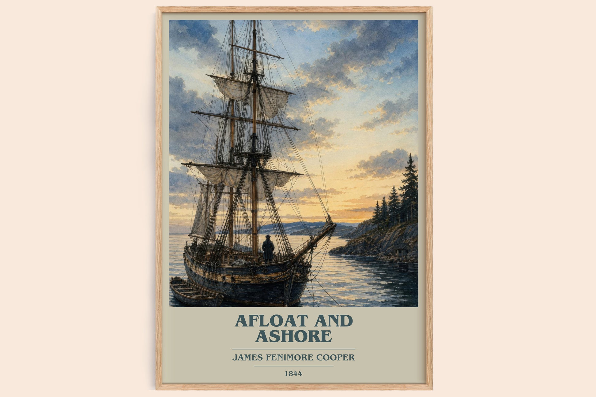 Afloat And Ashore book cover book poster by James Fenimore Cooper – framed literary art print