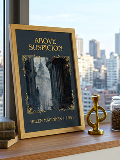 Above Suspicion Classic Book Art Print by Helen MacInnes – framed print on a city-view windowsill