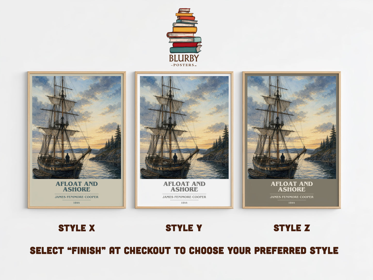 Afloat And Ashore book cover print in frame leaning in hallway – adventure wall art