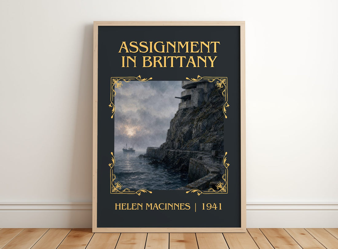 Assignment in Brittany Classic Book Art Print by Helen MacInnes – framed print leaning on a wooden floor