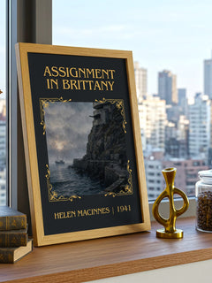 Assignment in Brittany Classic Book Art Print by Helen MacInnes – framed print on a city-view windowsill