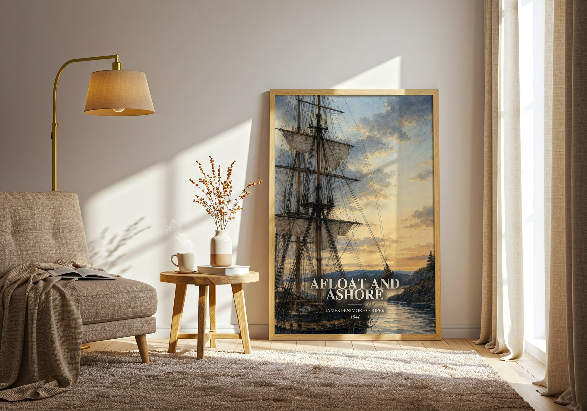 Afloat And Ashore watercolour print in frame leaning in hallway – adventure wall art