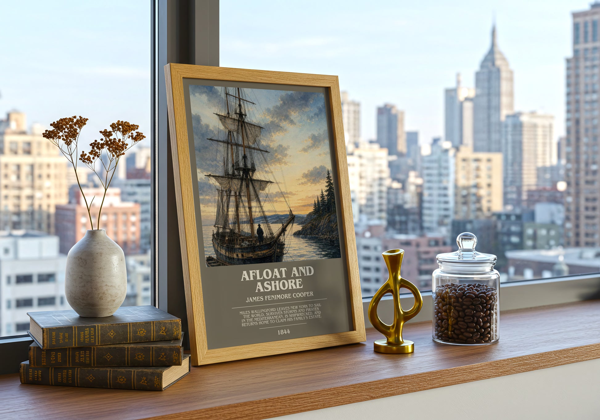 Afloat And Ashore bookish print framed by window – literary home decor