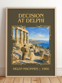 Decision at Delphi Classic Book Art Print by Helen MacInnes – framed print leaning on a wooden floor