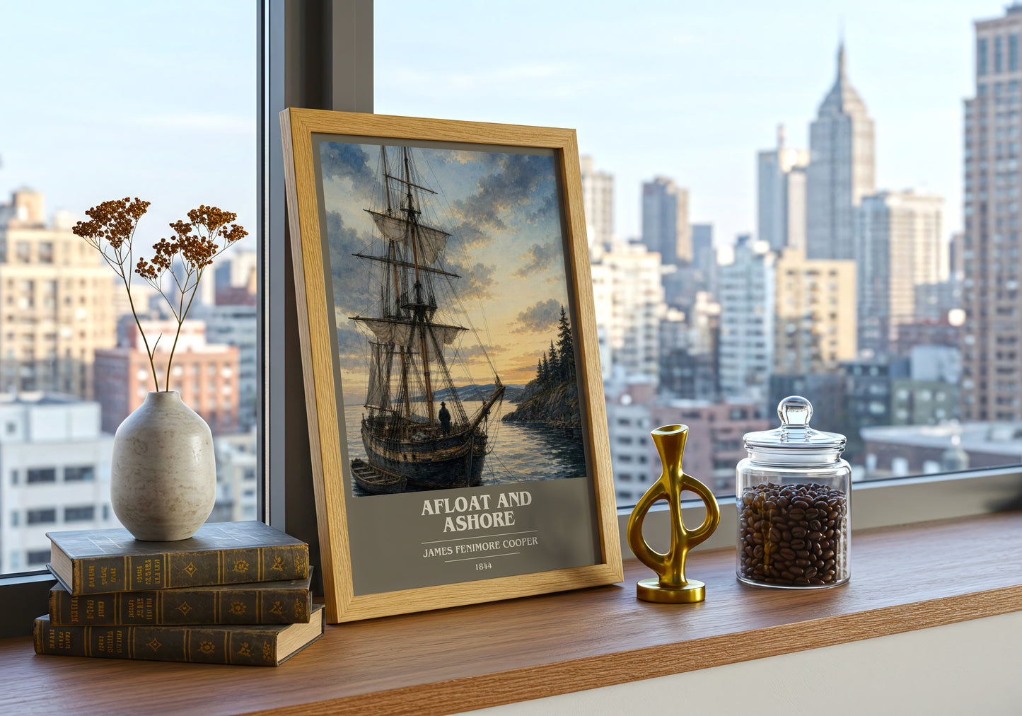 Afloat And Ashore book cover print framed by window – literary home decor