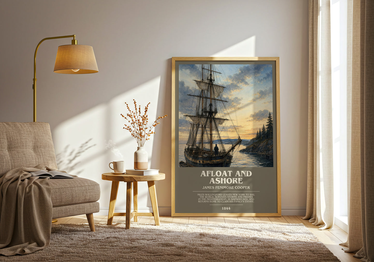 Afloat And Ashore bookish print on bookshelf – James Fenimore Cooper fan gift