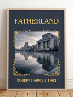 Fatherland Classic Book Art Print by Robert Harris – framed print leaning on a wooden floor