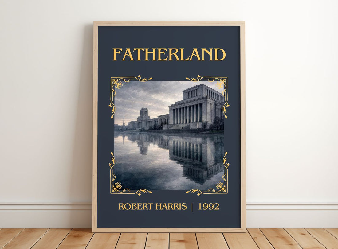 Fatherland Classic Book Art Print by Robert Harris – framed print leaning on a wooden floor
