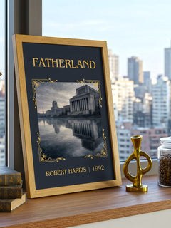 Fatherland Classic Book Art Print by Robert Harris – framed print on a city-view windowsill