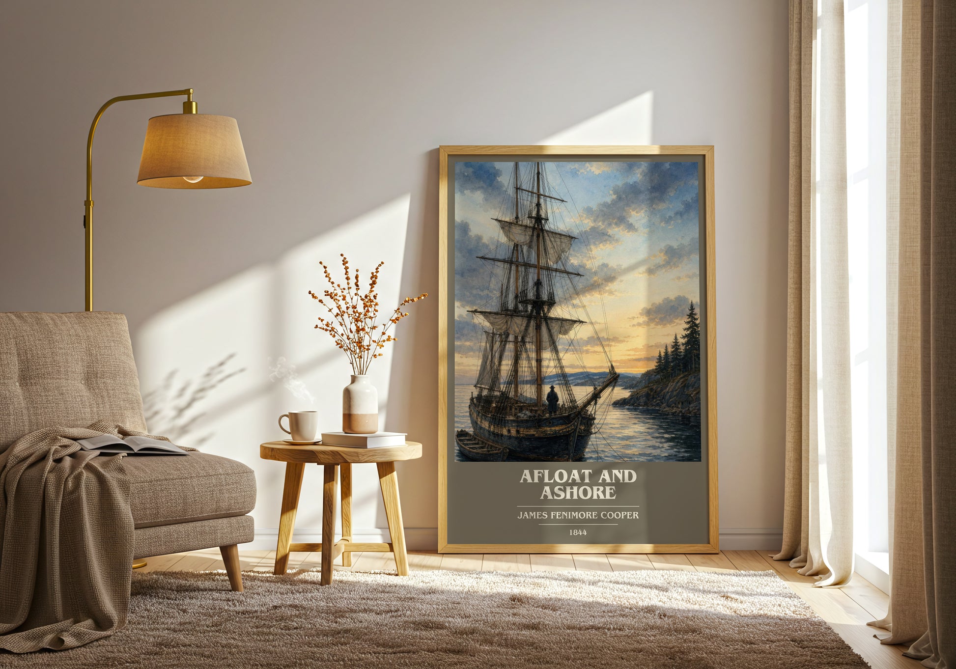 Afloat And Ashore book cover print on bookshelf – James Fenimore Cooper fan gift